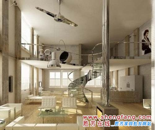 泛著金屬光澤的吊扇、復(fù)古的吊燈以及原木的地板，令整體空間充滿了復(fù)古的感覺(jué)，同時(shí)也頗為的原生態(tài)。清一色的米白色家裝，也為空間提供了古樸典雅的韻味。